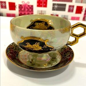 RARE Vintage Japanese Footed Iridescent LusterwaGold and Black Teacup and Saucer